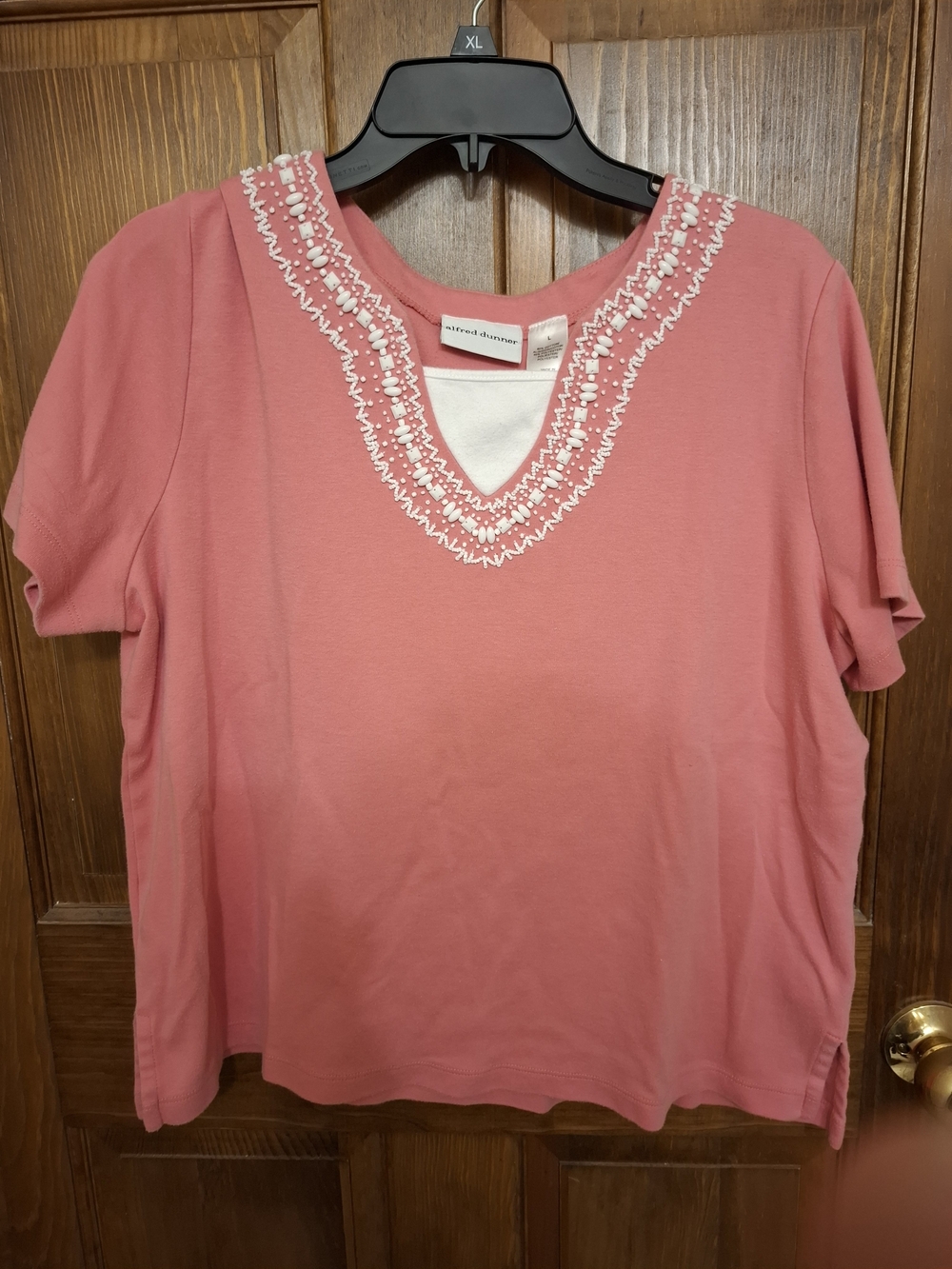 Alfred Dunner Coral Pink Short-Sleeve V-Neck Top with Embroidered Trim